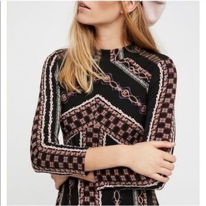 Free People Stella Graphic Tribal Boho Print Mini Dress Black Combo Size XS